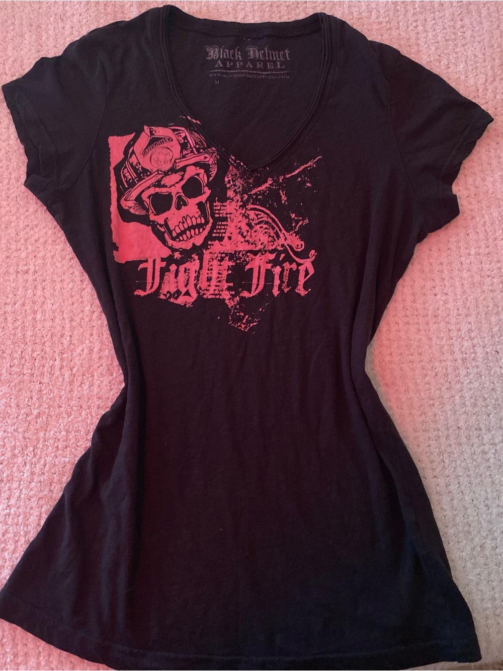 Black Helmet Apparel Graphic Tee with Pink Skull Fire Design